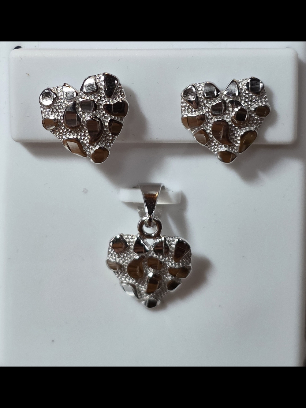 925 Sterling Silver Heart Mosaic Silver Pendant and Stud Screw Back Earrings Set